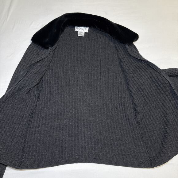 Plaza South Vtg Womens M Ribbed Gray Wool Blend Zip Cardigan Faux Fur Collar EUC - Picture 11 of 14